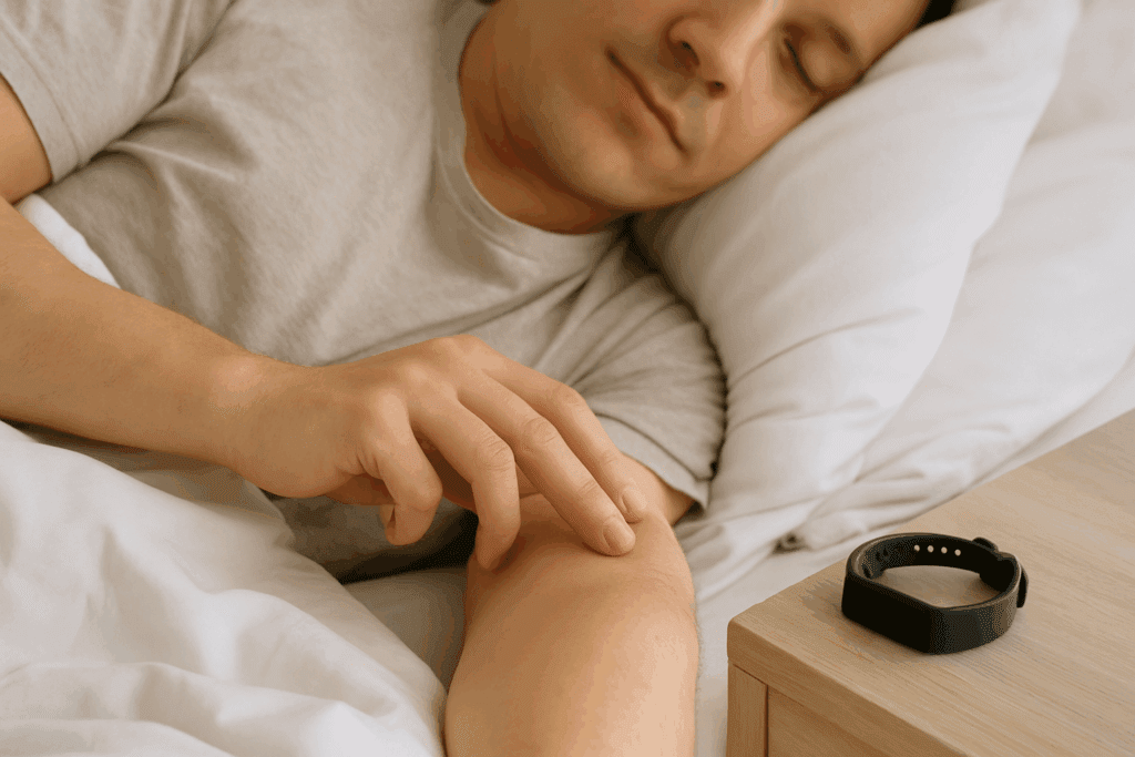 Person checking morning pulse in bed with fitness tracker nearby—how to check if your heart is healthy at home.