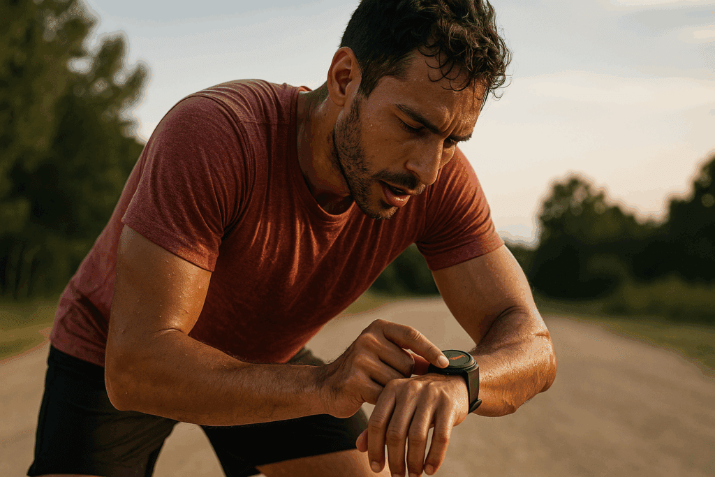 Athlete checking smartwatch after intense run on a trail, illustrating how to check if your heart is healthy at home through heart rate recovery.