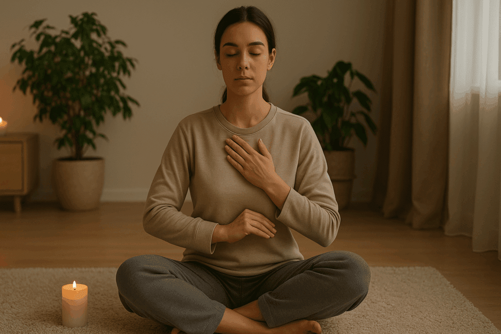 Calm woman checking her pulse at home to understand how to check if your heart is healthy at home