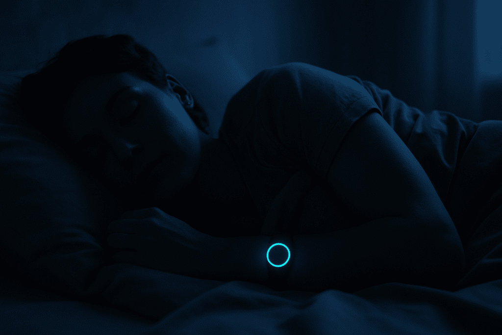 Person sleeping peacefully with a glowing wearable tracker, showing how to check if your heart is healthy at home during rest.