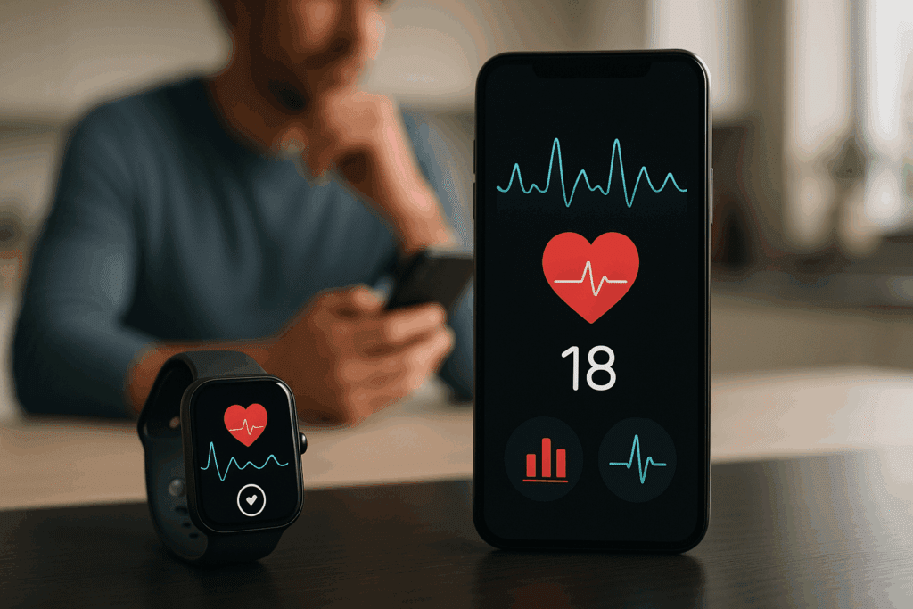 Smartwatch and smartphone displaying heart health graphs on a kitchen counter, illustrating how to check if your heart is healthy at home.