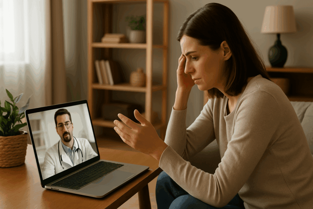 Concerned woman in a cozy living room video calling a doctor on a laptop, illustrating how to check if your heart is healthy at home.
