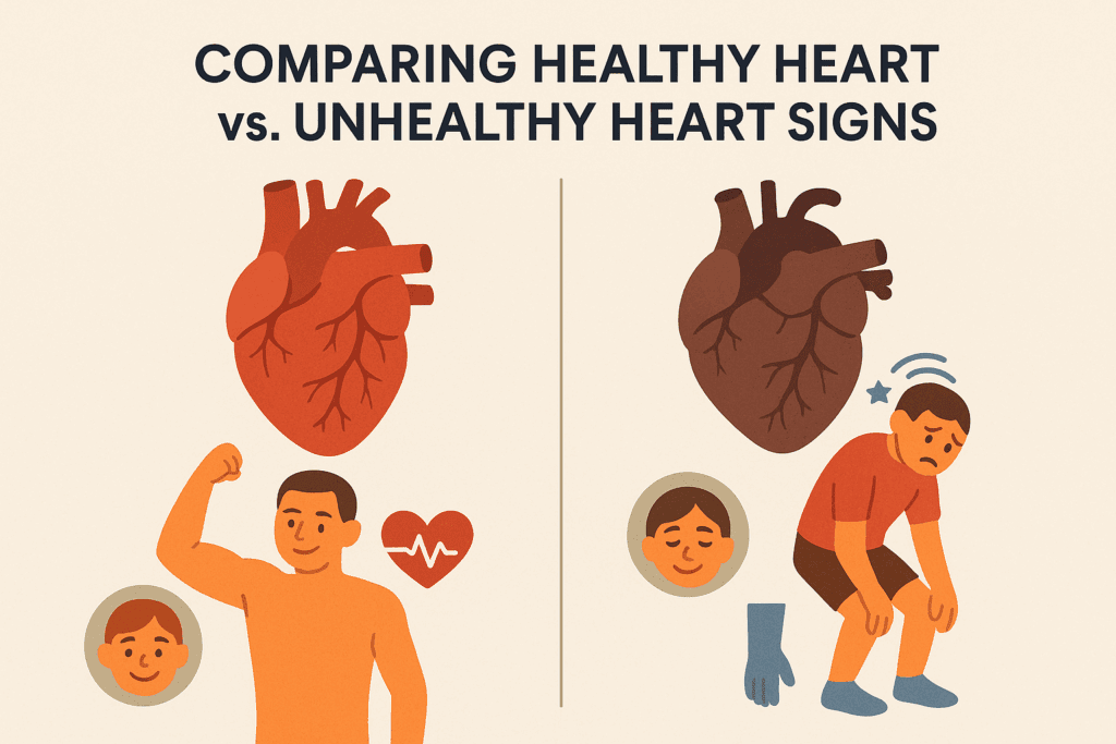 Side-by-side infographic comparing healthy and unhealthy heart signs, illustrating how to check if your heart is healthy at home