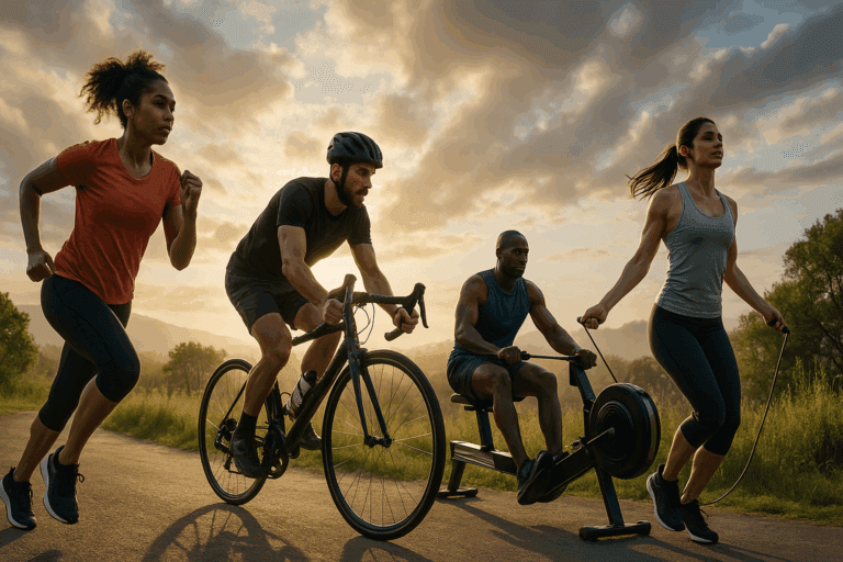 Diverse group of athletes running, cycling, rowing, and jumping rope at sunrise, illustrating how to improve cardio fast.