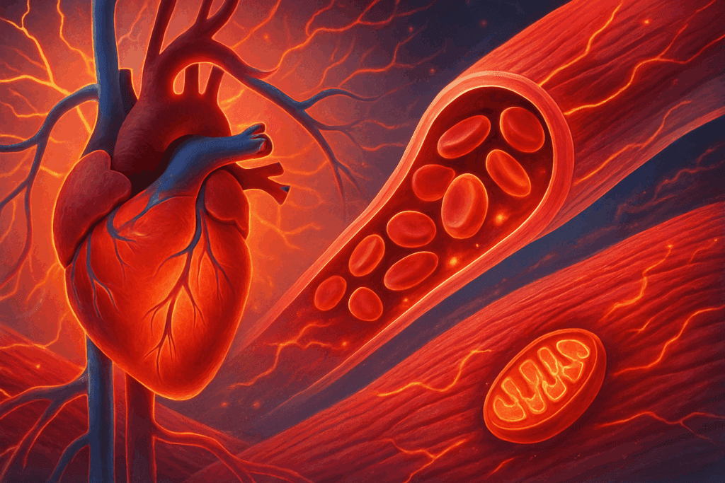 How to Improve Cardio Fast: Science-Backed Strategies to Boost Endurance and Stamina in Just 4 Weeks 1 Anatomical illustration showing heart pumping, oxygenated red blood cells, and active mitochondria during exercise, visualizing how to improve cardio fast