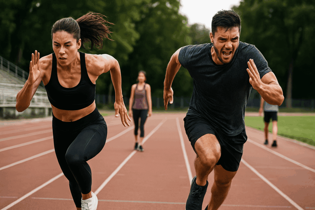 How to Improve Cardio Fast: Science-Backed Strategies to Boost Endurance and Stamina in Just 4 Weeks 2 Male and female athletes sprinting intensely on a track with sweat visible, showing how to improve cardio fast through HIIT intervals.