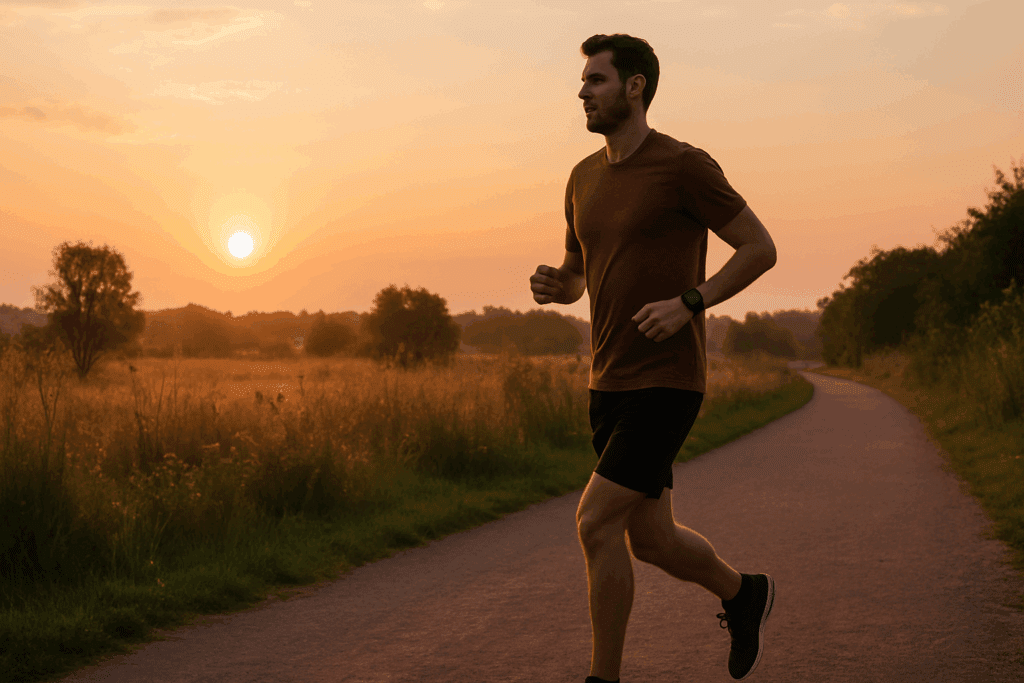 How to Improve Cardio Fast: Science-Backed Strategies to Boost Endurance and Stamina in Just 4 Weeks 3 Man jogging at sunrise on a quiet trail wearing a fitness watch, demonstrating how to improve cardio fast with Zone 2 training.