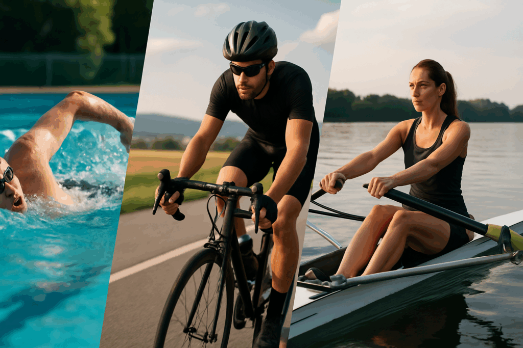 How to Improve Cardio Fast: Science-Backed Strategies to Boost Endurance and Stamina in Just 4 Weeks 5 Swimmer, cyclist, and rower training outdoors to show how to improve cardio fast with cross-training.