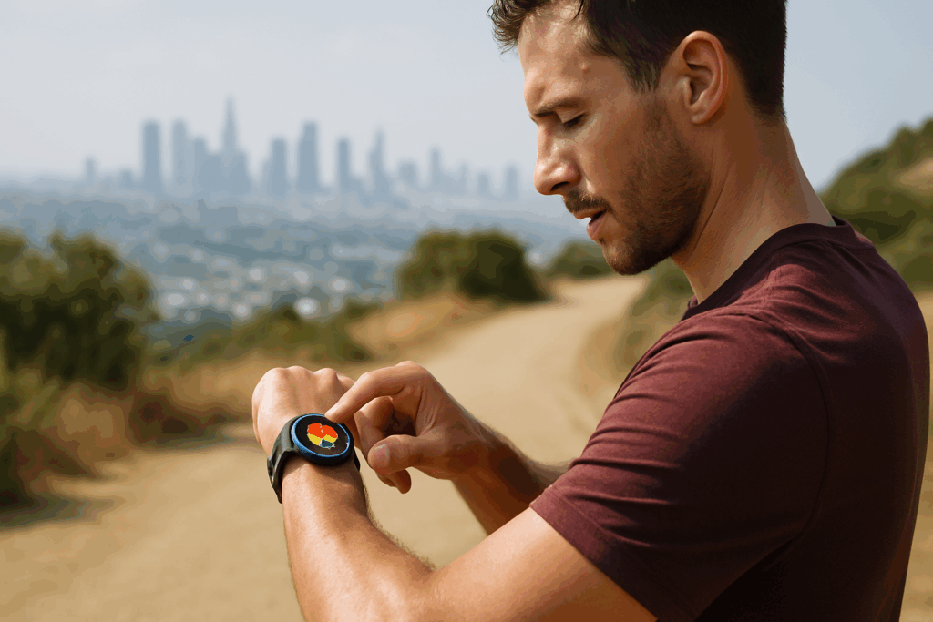 How to Improve Cardio Fast: Science-Backed Strategies to Boost Endurance and Stamina in Just 4 Weeks 6 Runner checking smartwatch on a trail with city skyline, tracking heart rate zones—how to improve cardio fast through data monitoring