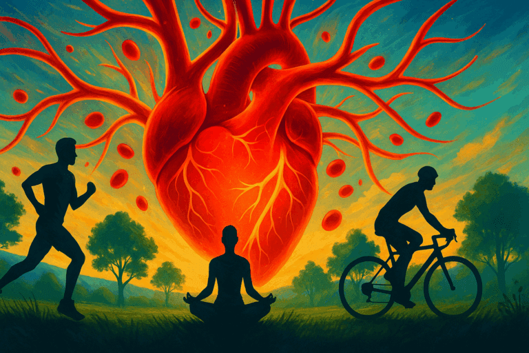 Glowing human heart with vibrant arteries surrounded by red blood cells, with people running, cycling, and meditating outdoors—illustrating how to improve cardiovascular health.