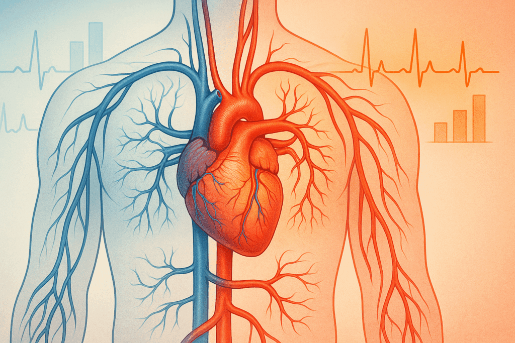 Stylized diagram of human cardiovascular system showing heart, arteries, and veins with visual cues explaining how to improve cardiovascular health