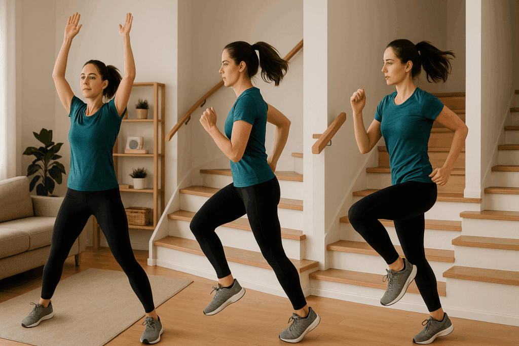 Woman performing jumping jacks, stair climbs, and high knees in a living room, showing how to improve cardiovascular health at home