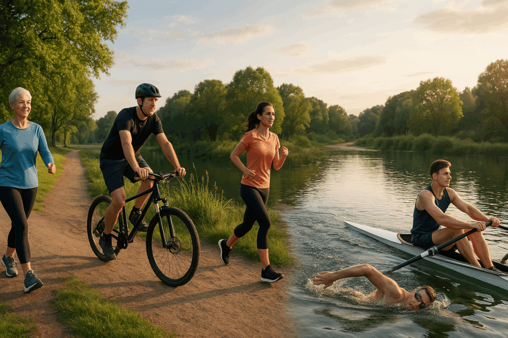 People brisk walking, cycling, running, swimming, and rowing outdoors—demonstrating how to improve cardiovascular health through aerobic exercise