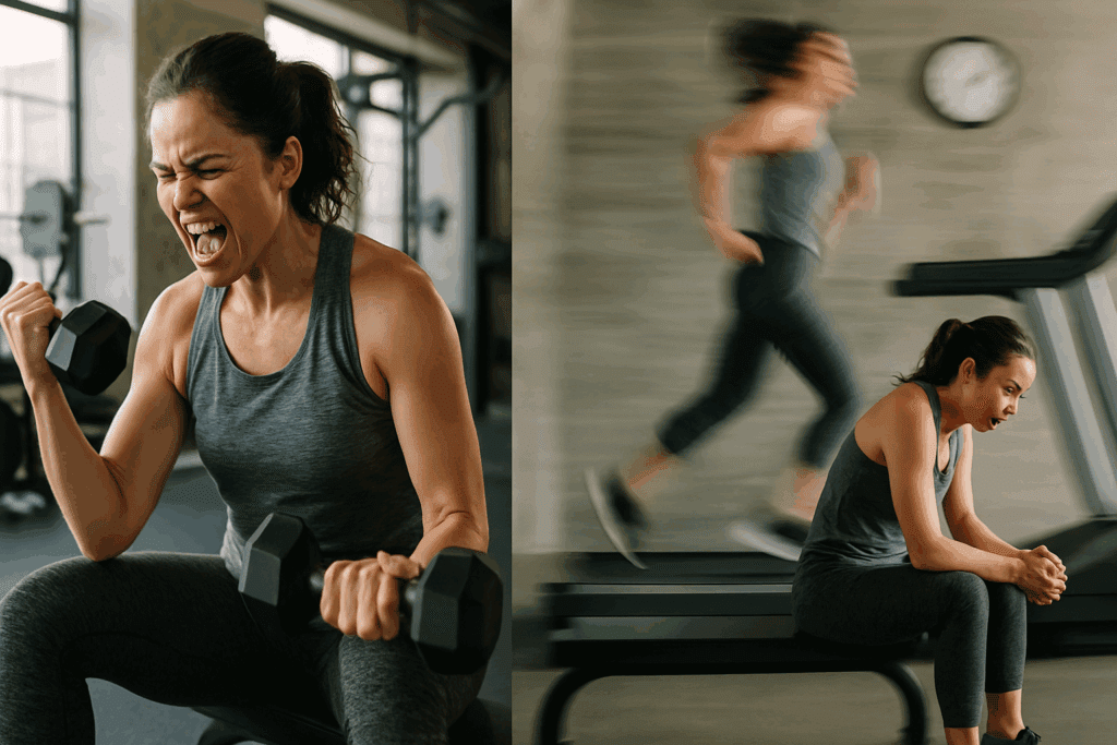 Woman performing high-rep dumbbell curls and treadmill sprints in a gym, illustrating how to improve cardiovascular health.