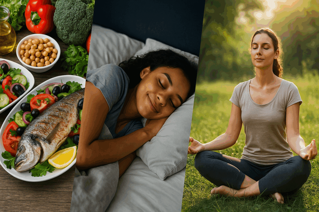 Collage showing how to improve cardiovascular health with a Mediterranean meal, restful sleep, and outdoor yoga meditation.