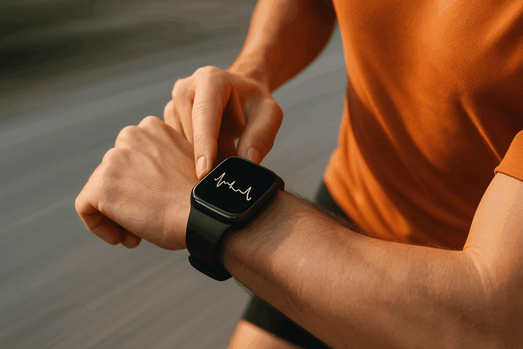 Runner checking smartwatch with heart rate graph during workout, illustrating how to improve cardiovascular health