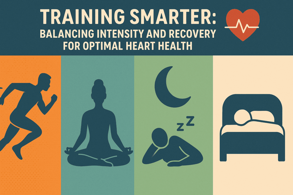 Infographic showing how to improve cardiovascular health with symbolic visuals for sprinting, yoga, sleep, and rest in a weekly fitness cycle