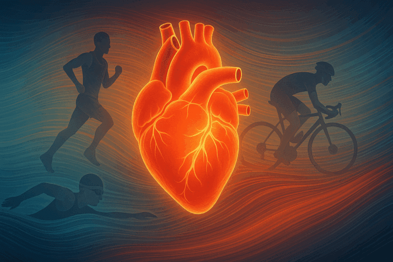 Glowing healthy heart surrounded by runner, swimmer, and cyclist silhouettes, symbolizing how to increase cardiac output through endurance exercise.