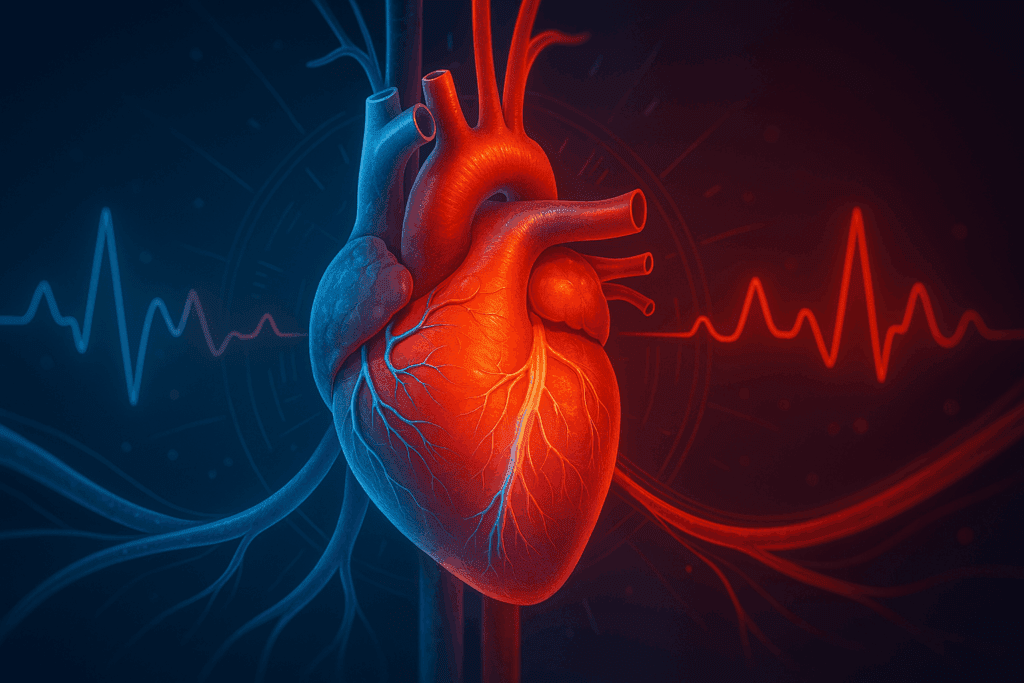 Medical-style illustration of a human heart pumping blood through arteries, visualizing how to increase cardiac output