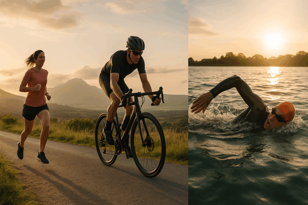 Runner on a trail, cyclist on a road, and swimmer in open water showing how to increase cardiac output through aerobic training