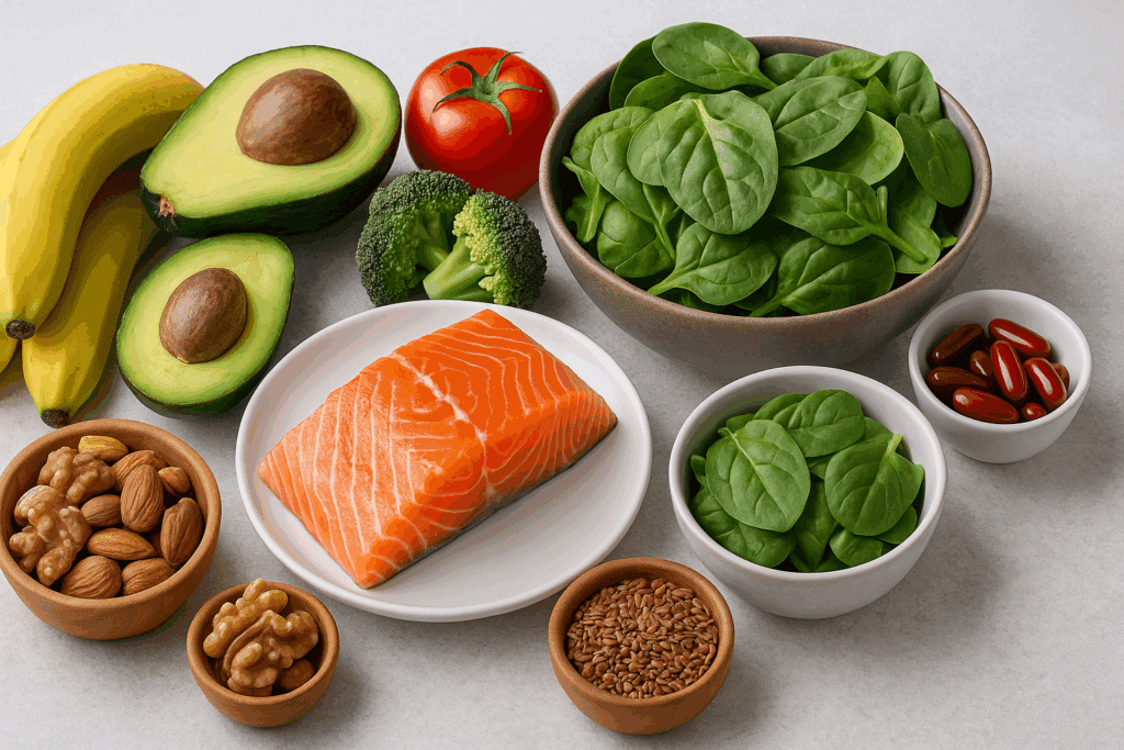 Heart-healthy meal with salmon, spinach, avocado, bananas, nuts, and CoQ10 supplements, showing how to increase cardiac output through nutrition