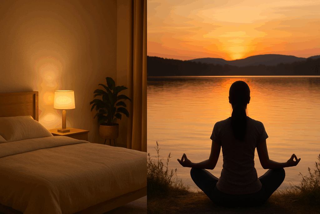 Peaceful bedroom and lakeside meditation scene illustrating how to increase cardiac output through stress reduction and quality sleep