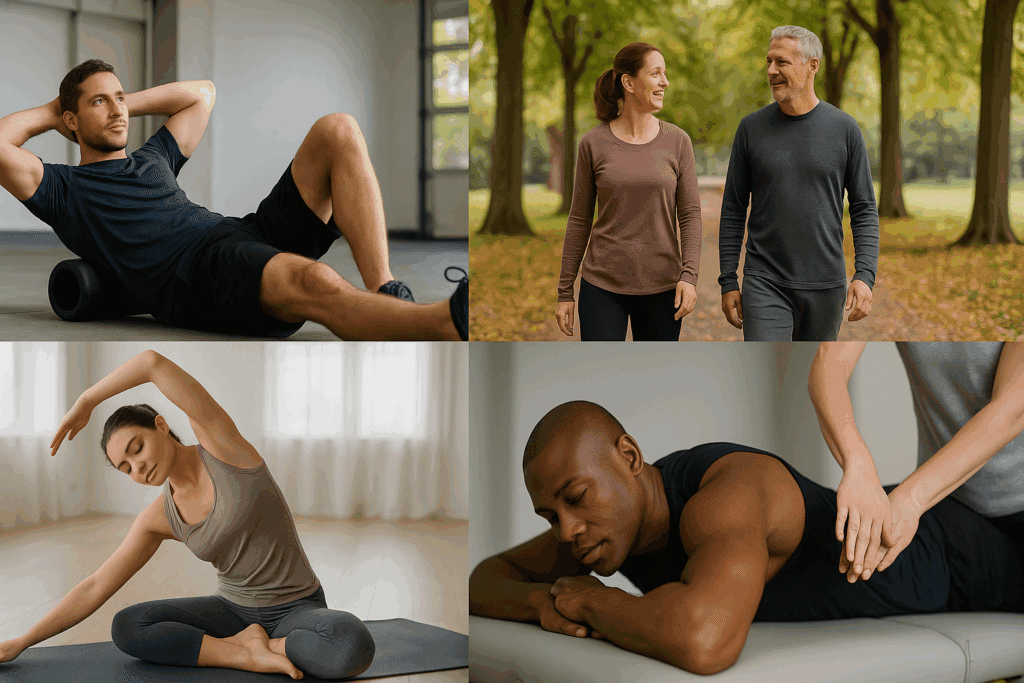 Athletes demonstrating how to increase cardiac output through recovery techniques like foam rolling, massage, yoga, and walking in a park.