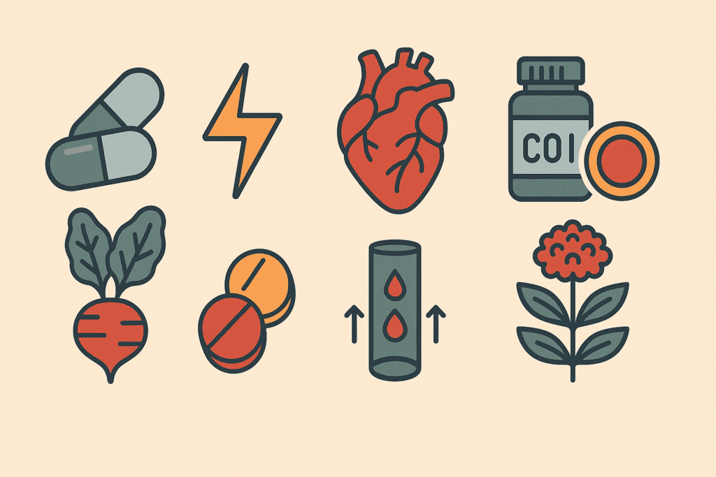 Infographic showing key supplements like beetroot, CoQ10, and taurine with visual icons representing how to increase cardiac output through enhanced heart function and circulation