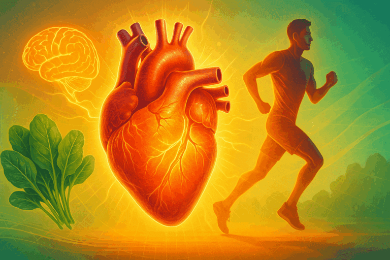 Strong human heart glowing with energy, runner in motion, leafy greens, and brain-heart connection showing how to keep your heart protected naturally.