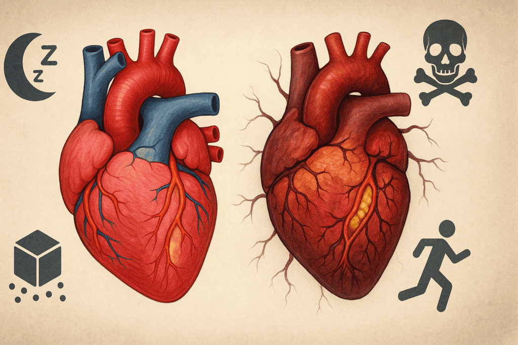 Digital cross-section showing healthy and damaged hearts with lifestyle icons, illustrating how to keep your heart protected naturally