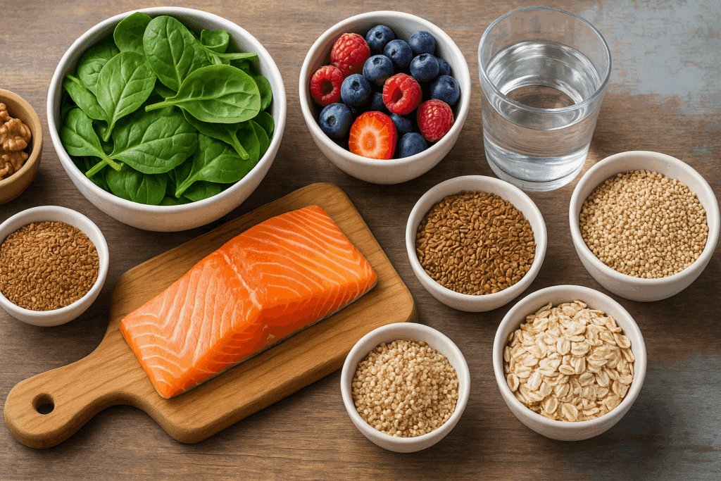 Overhead view of a heart-healthy meal with wild-caught salmon, berries, quinoa, flaxseed, and leafy greens—showing how to keep your heart protected naturally.