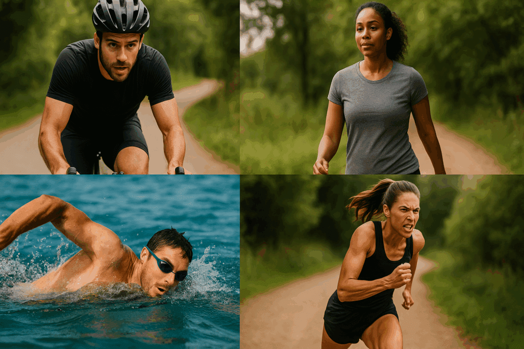 People cycling, walking, swimming, and sprinting outdoors showing how to keep your heart protected naturally through cardio exercise