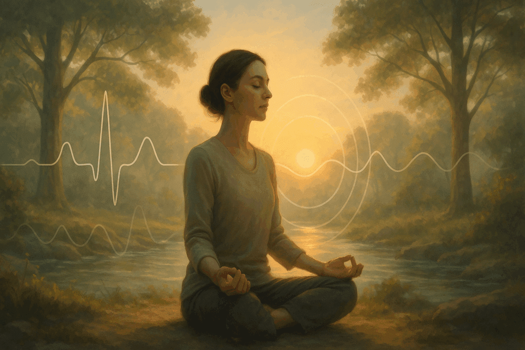 Woman meditating by a river at sunrise, symbolizing emotional wellness and how to keep your heart protected naturally.