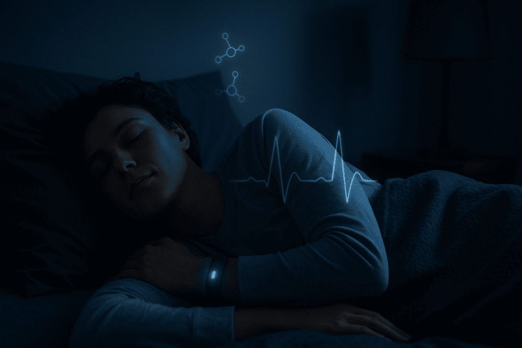 Person sleeping peacefully in a dark bedroom with a glowing fitness tracker, visualizing how to keep your heart protected naturally through restful sleep.