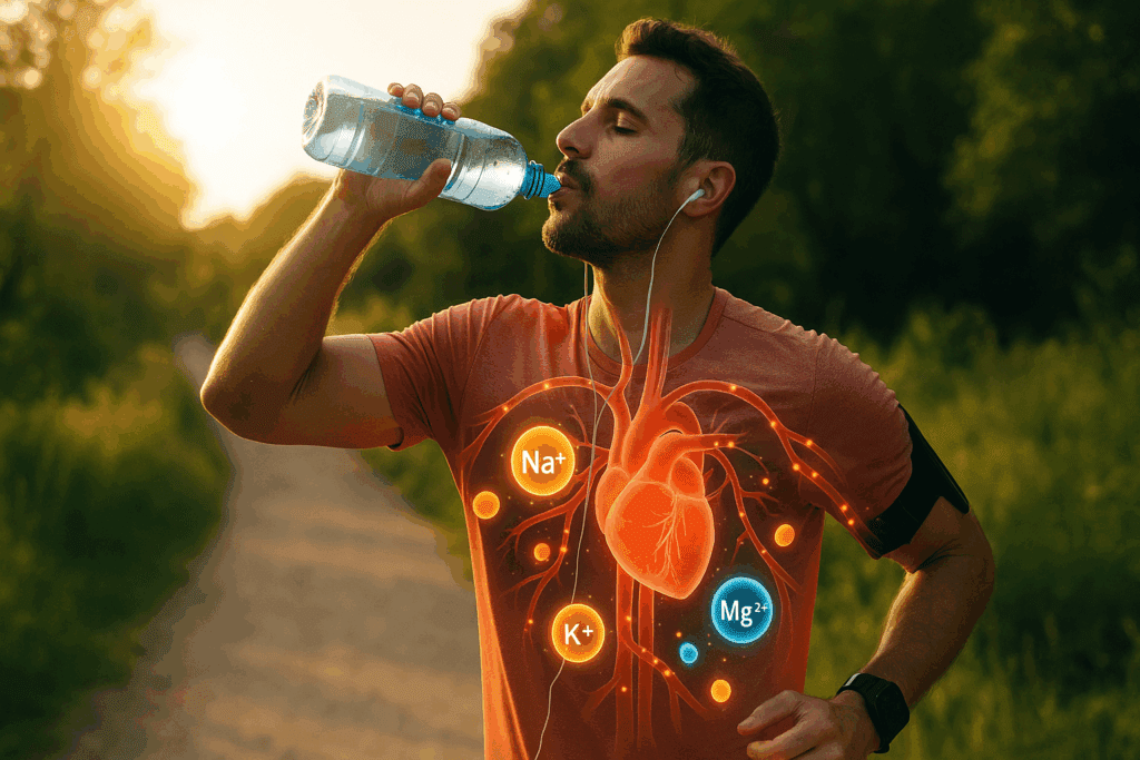 Runner hydrating on a sunlit trail with highlighted electrolytes supporting cardiovascular function—how to keep your heart protected naturally.