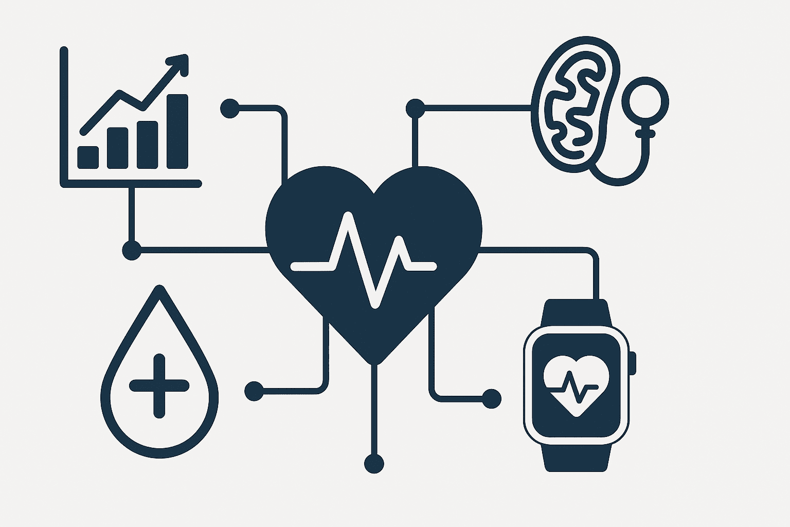 Infographic diagram showing heart, blood droplet, smartwatch, mitochondria, and biomarker icons connected by lines, illustrating how to keep your heart protected naturally
