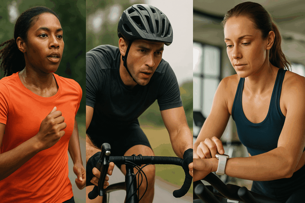 Runner, cyclist, and smartwatch user demonstrating varying cardio training zones in outdoor and indoor workouts