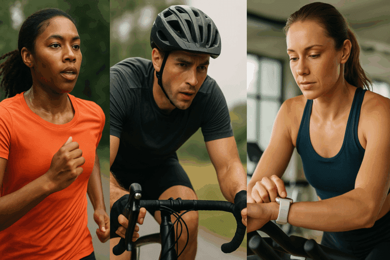 Runner, cyclist, and smartwatch user demonstrating varying cardio training zones in outdoor and indoor workouts