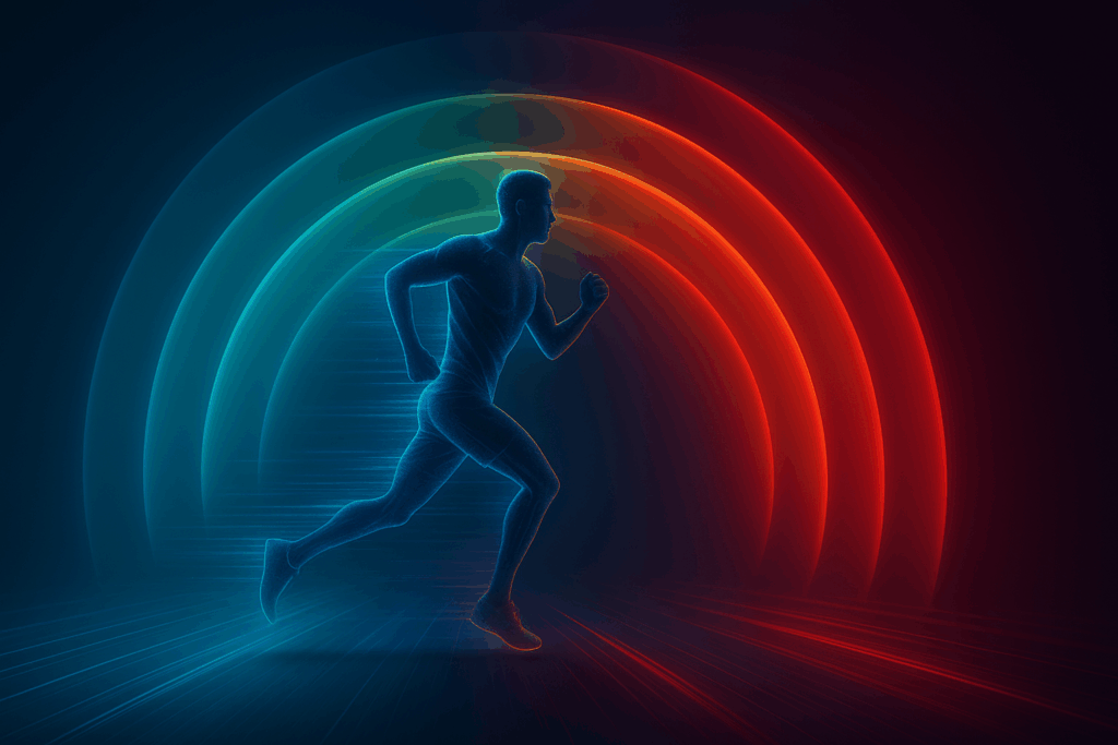 Runner in motion with glowing arcs symbolizing cardio training zones, transitioning from blue to red on a digital path