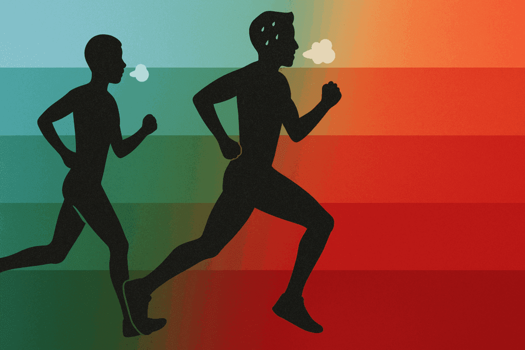 Silhouetted runner progressing through five color-coded cardio training zones, showing increasing intensity with breath and sweat changes