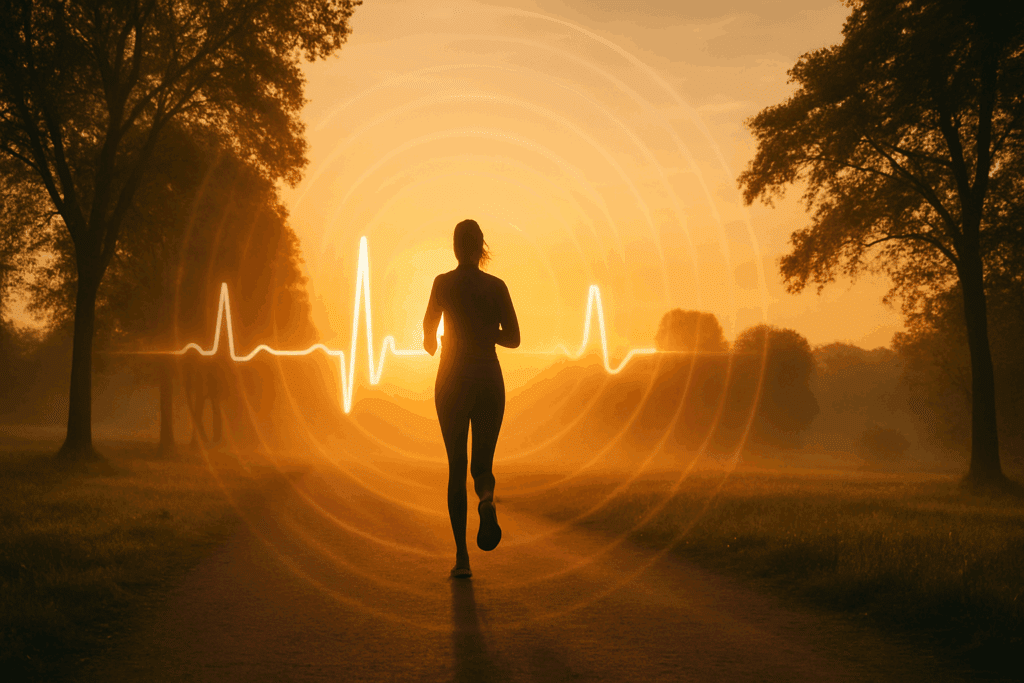 Jogger on a sunrise trail symbolizing Zone 2 intensity, ideal for fat loss and endurance in cardio training zones.