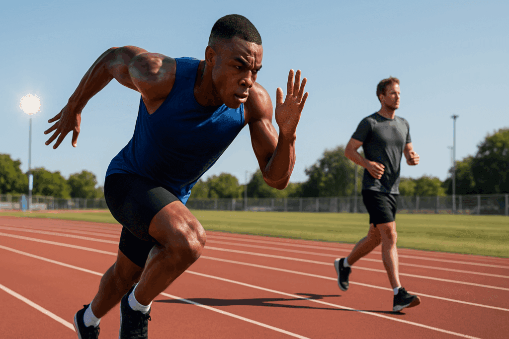 Athletes on a sunny outdoor track showcasing contrasting cardio training zones—one sprinting at high intensity, the other jogging steadily.