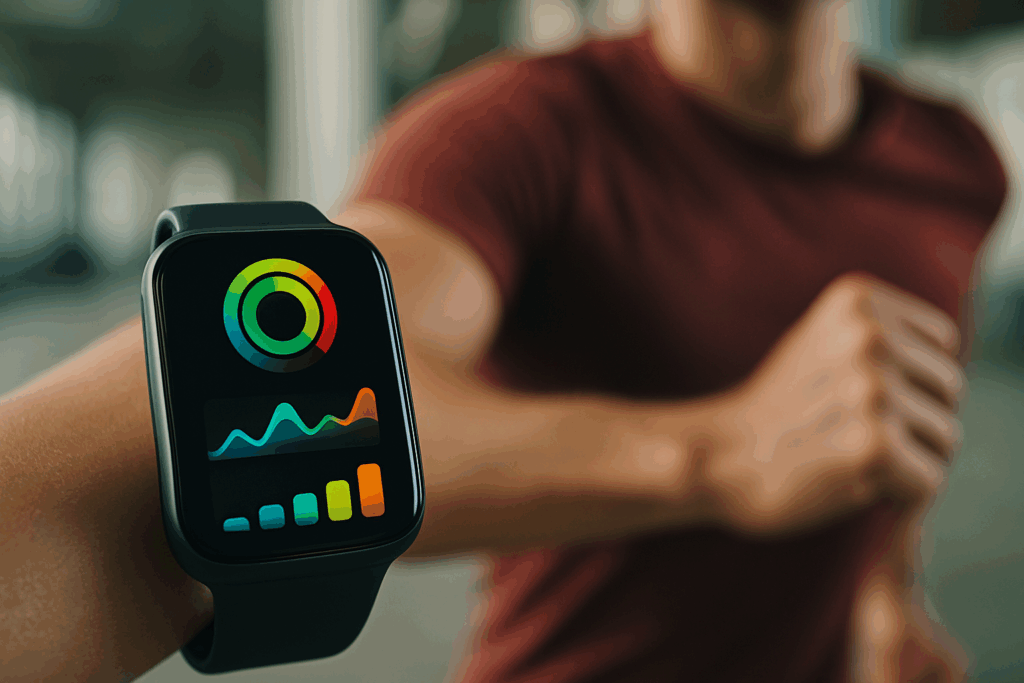 Smartwatch displaying fitness graphs as a man runs indoors, tracking cardio training zones in real time.