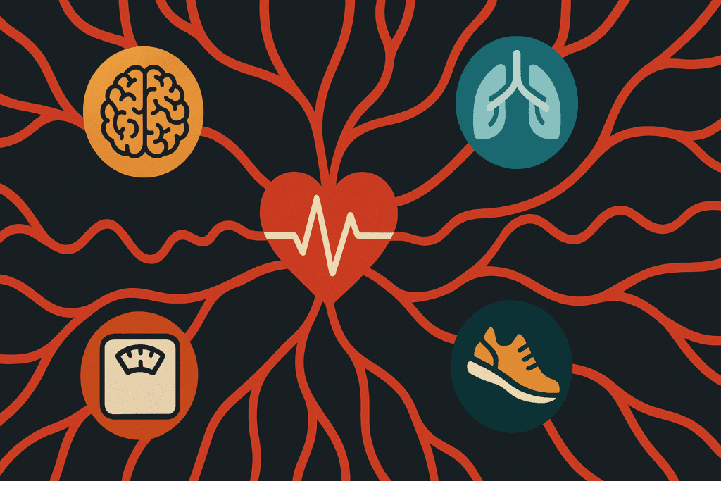 Stylized infographic showing how cardio training zones influence brain focus, lung capacity, weight loss, and athletic performance.