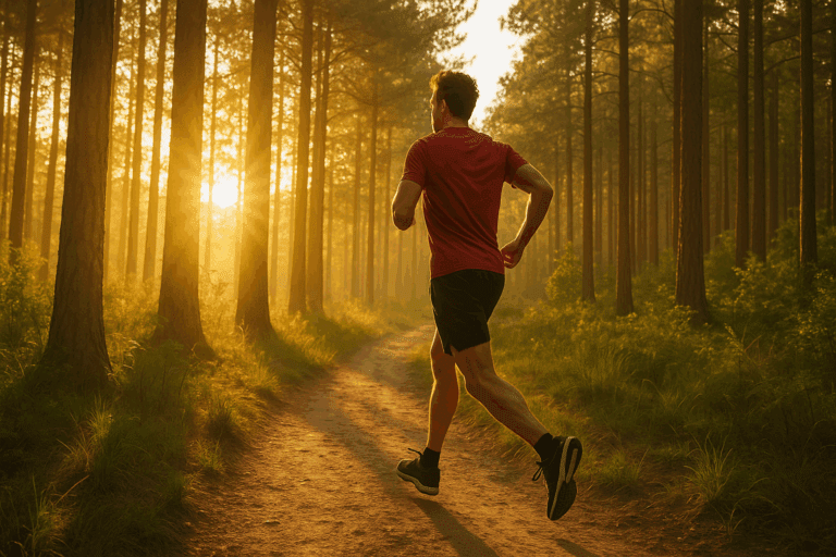 Man running on a forest trail at sunrise, symbolizing natural heart health and endurance—illustrating how to prevent clogged arteries and CAD.