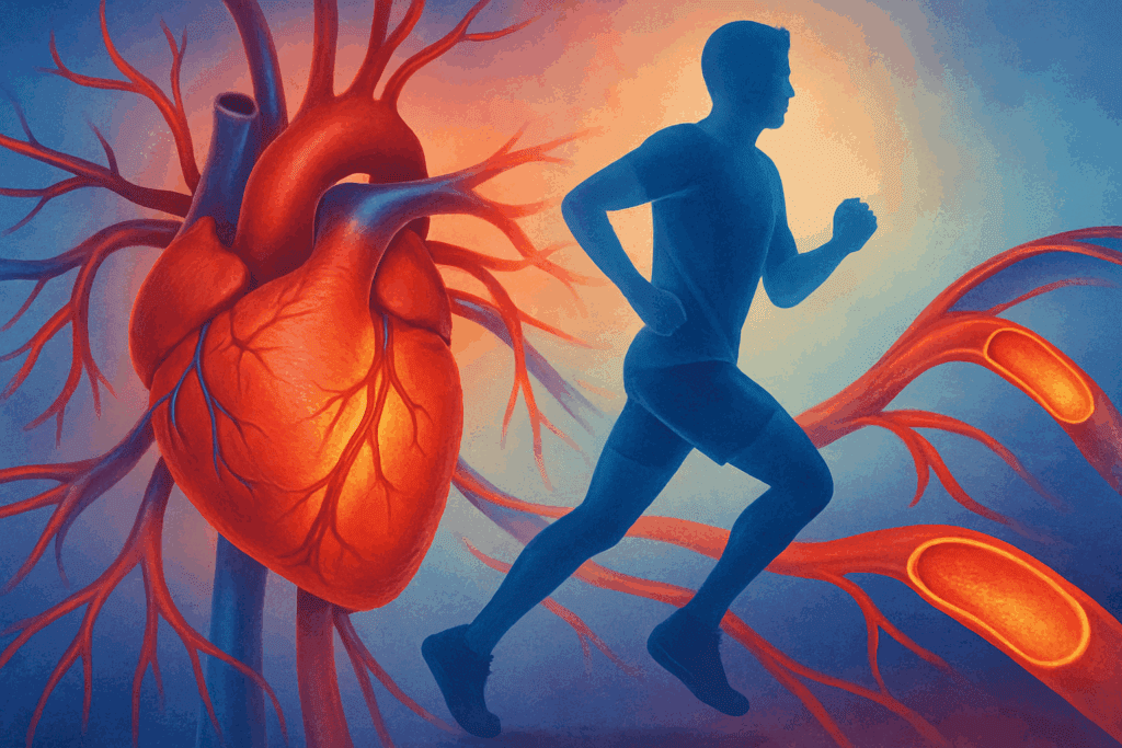 Anatomical heart and arteries overlaid with a runner, illustrating how to prevent clogged arteries and CAD through endurance training