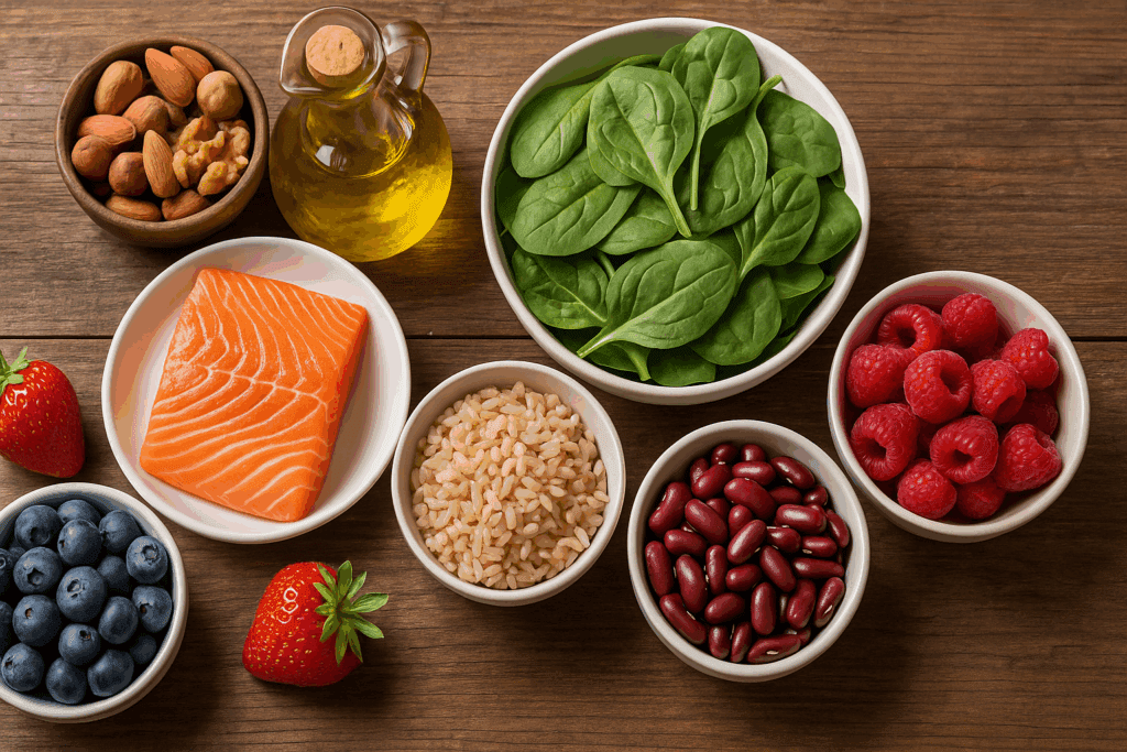 Heart-healthy Mediterranean meal with salmon, leafy greens, berries, nuts, and olive oil illustrating how to prevent clogged arteries and CAD.