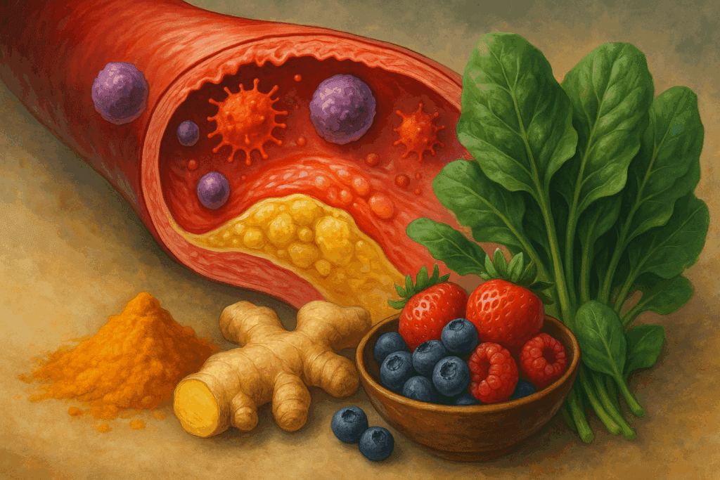 Inflamed artery with plaque and immune cells beside turmeric, ginger, berries, and greens illustrating how to prevent clogged arteries and CAD