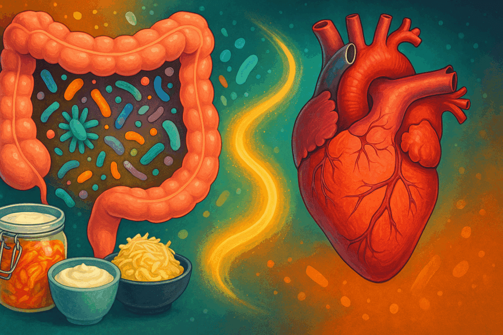 Illustration showing the gut microbiome and heart linked by a glowing path, highlighting how to prevent clogged arteries and CAD through fermented foods like yogurt and kimchi