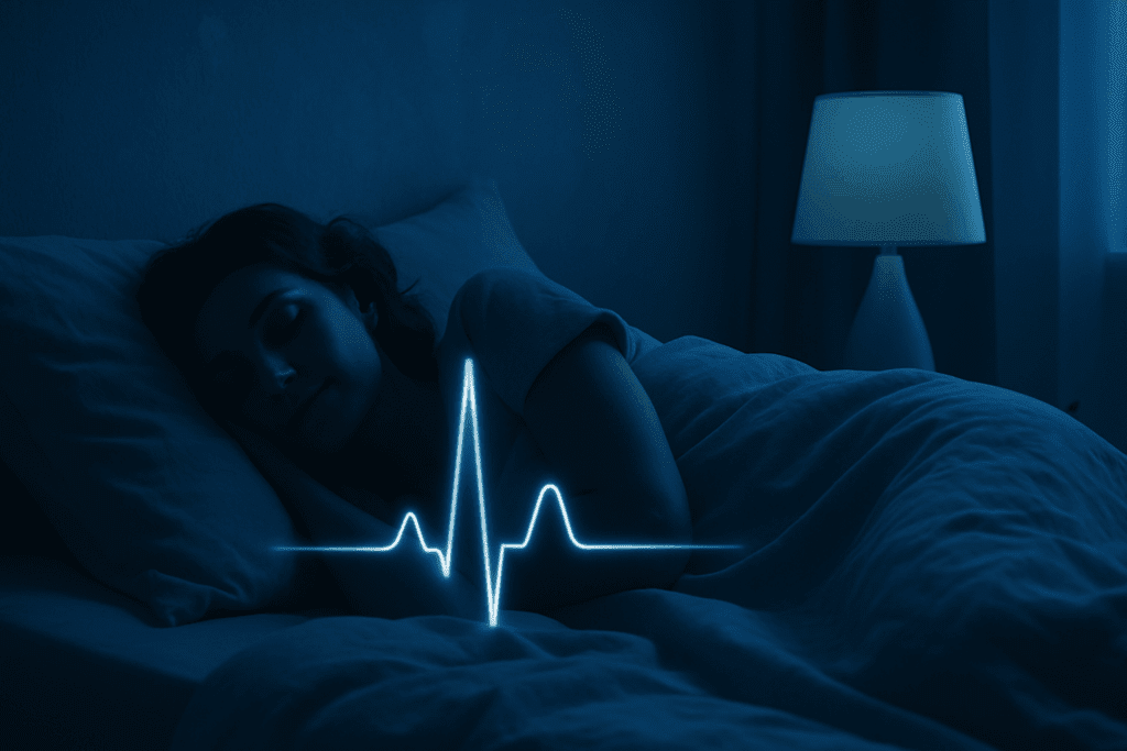 Peaceful woman sleeping in a dark, blue-lit bedroom with a glowing heartbeat line, symbolizing how to prevent clogged arteries and CAD through restful sleep.